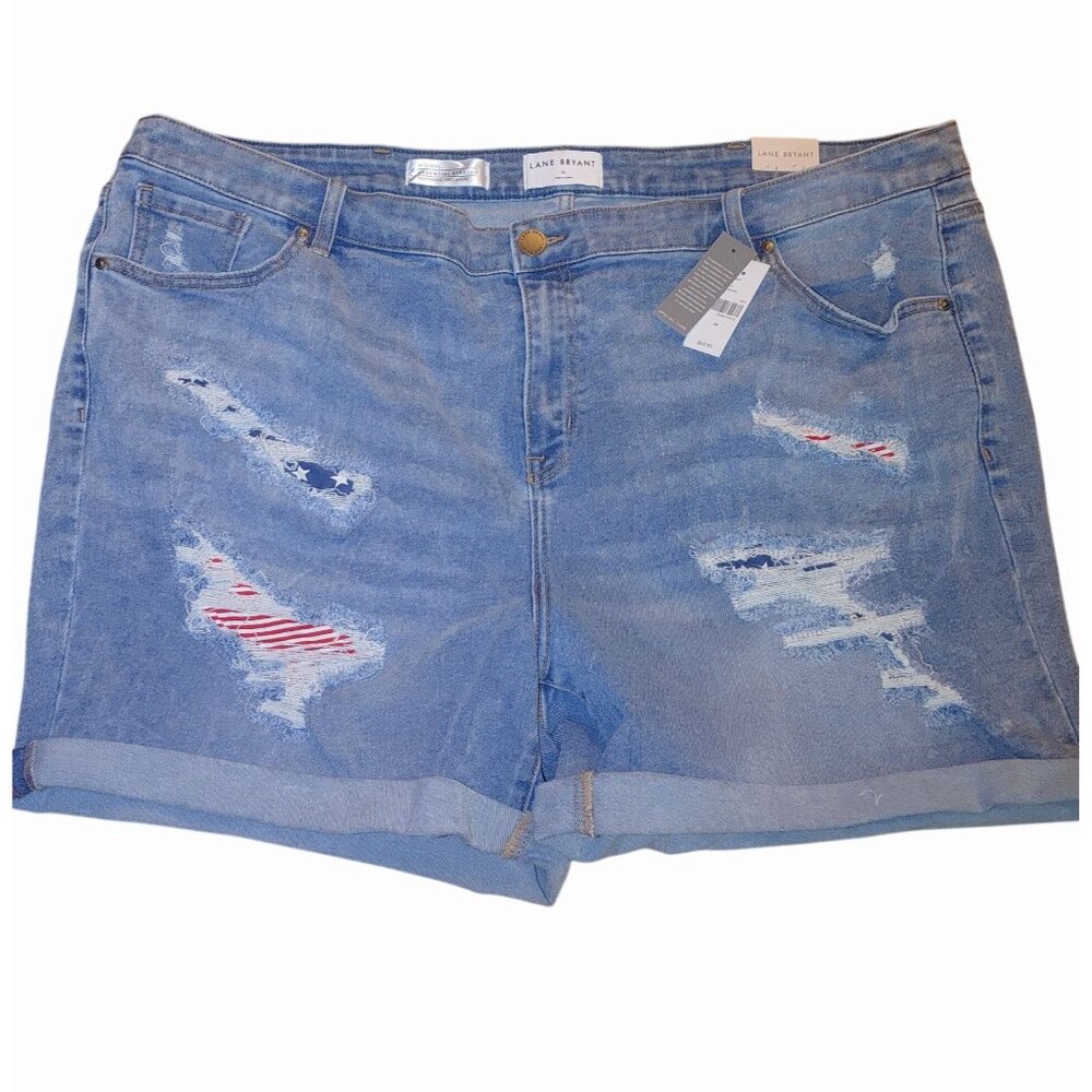 Lane Bryant 24 Mid Rise Boyfriend Midi Shorts Patriotic Flag Distressed Details